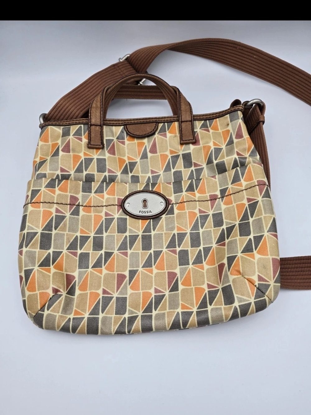 Fossil Brown Geometric Canvas Crossbody Bag